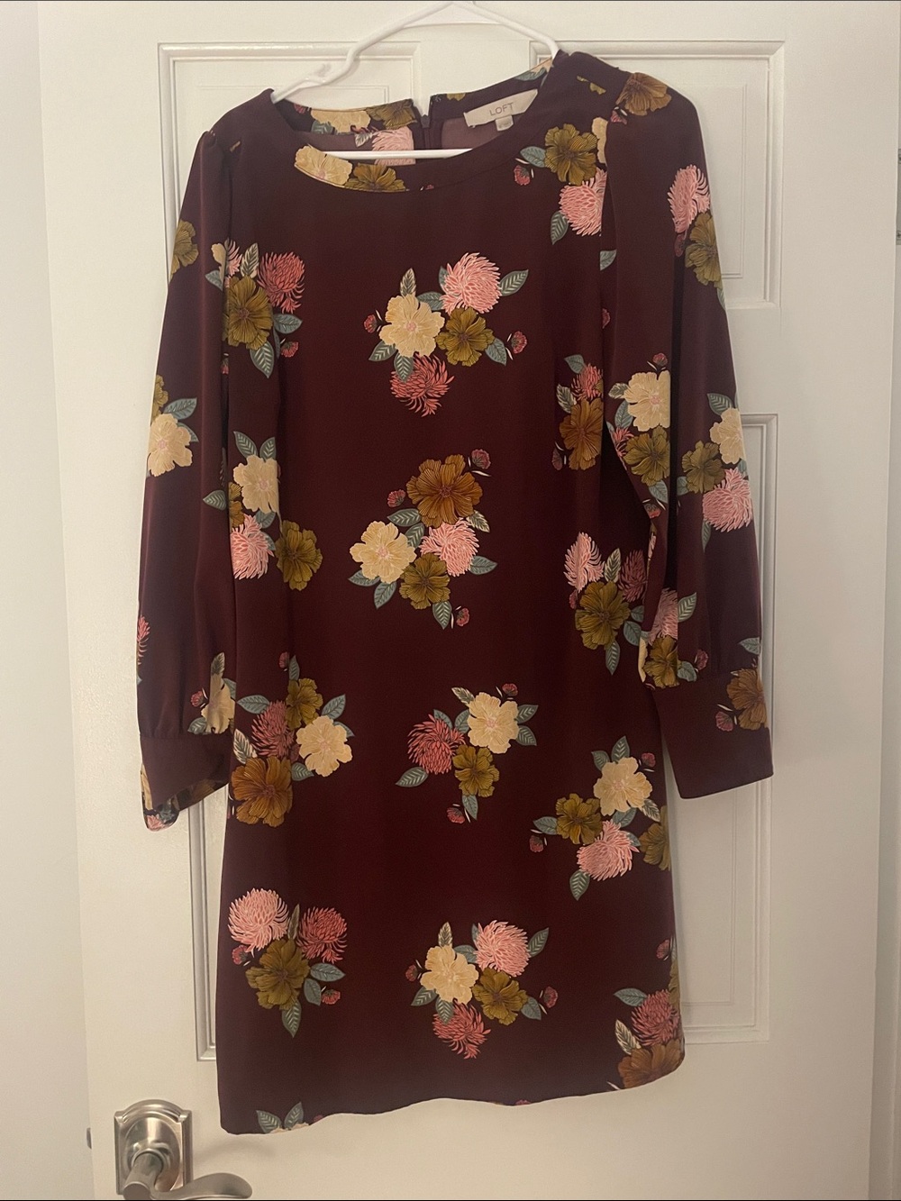 LOFT Burgundy Floral Long-Sleeve Shift Dress